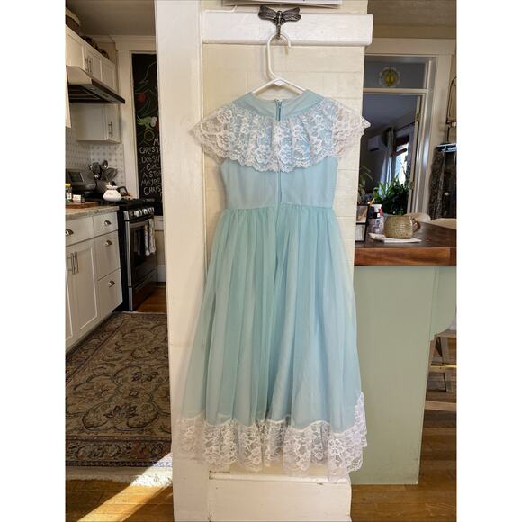 Vintage Girls 8 JC Penny Blue Lace Maxi Dress Long Gown USA Retro - Picture 6 of 15